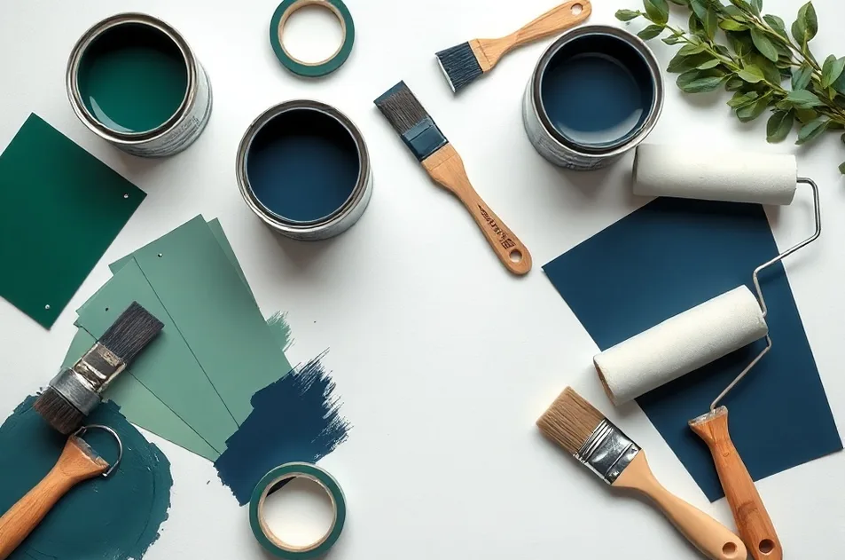 Pots de peinture, nuancier, brosses et rouleaux disposés à plat