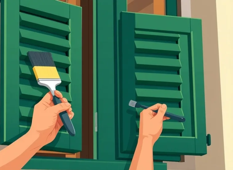 Mise en peinture au pinceau de volets et d'encadrements en bois