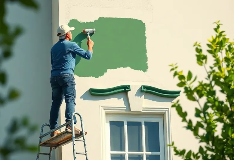 Peintre sur échafaudage traitant la façade d'une maison