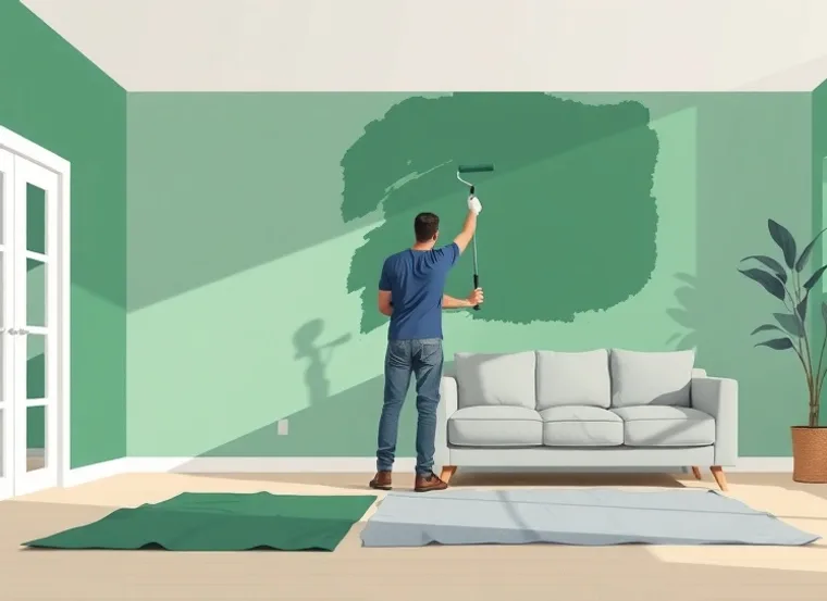 Peintre appliquant la peinture au rouleau sur un mur de salon